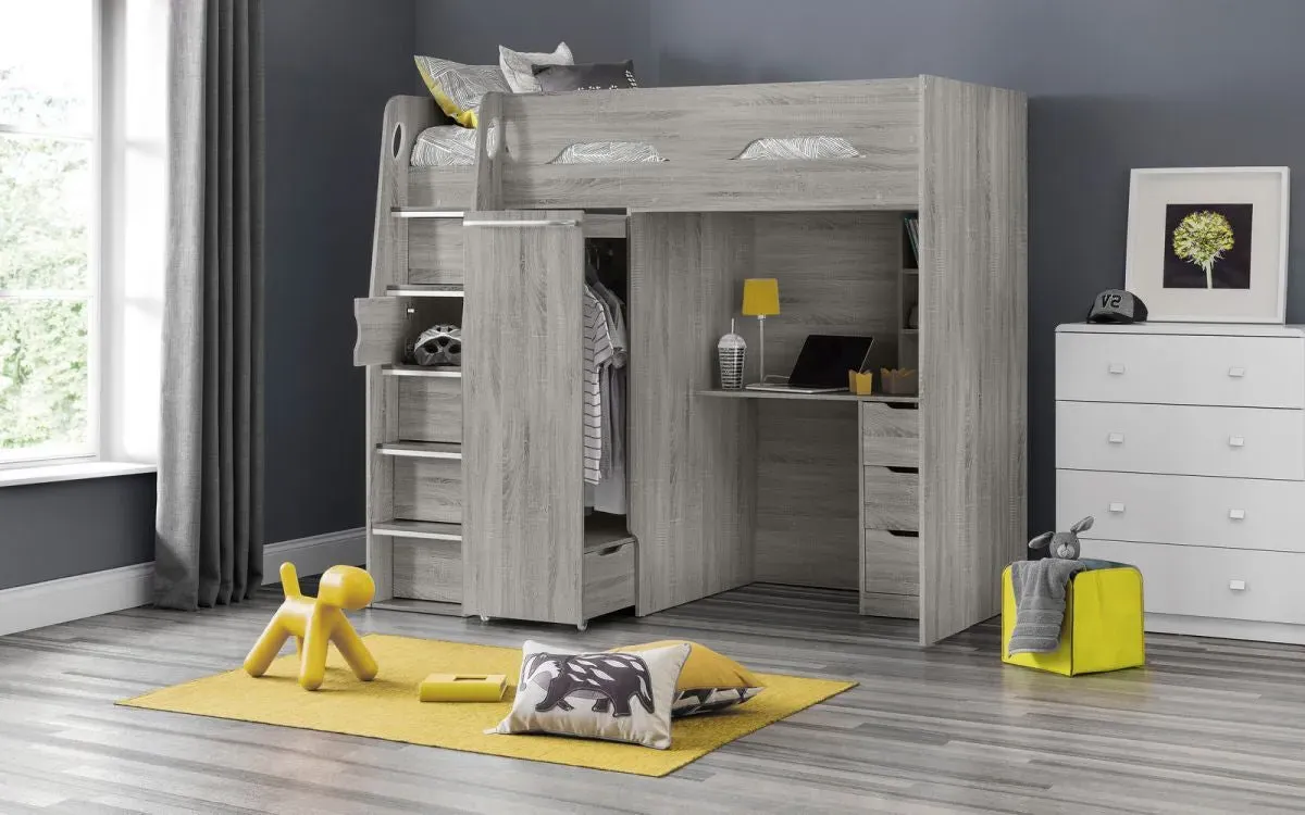 High Sleeper Bed with Desk & Wardrobe - Grey Oak image