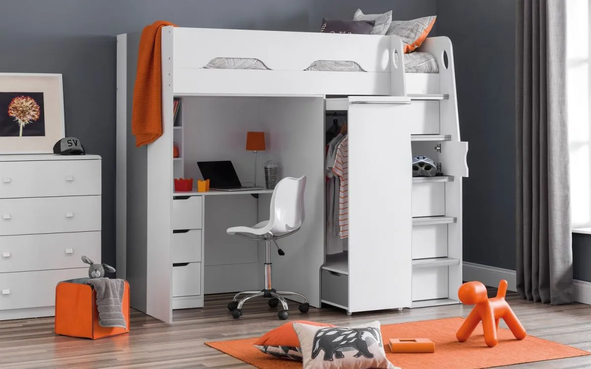 High Sleeper Bed with Desk & Wardrobe - White image