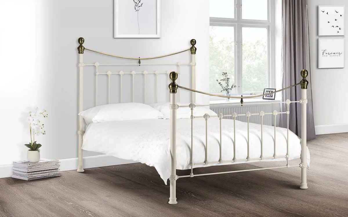King Size Bed Frame with Brass Details - White, Steel