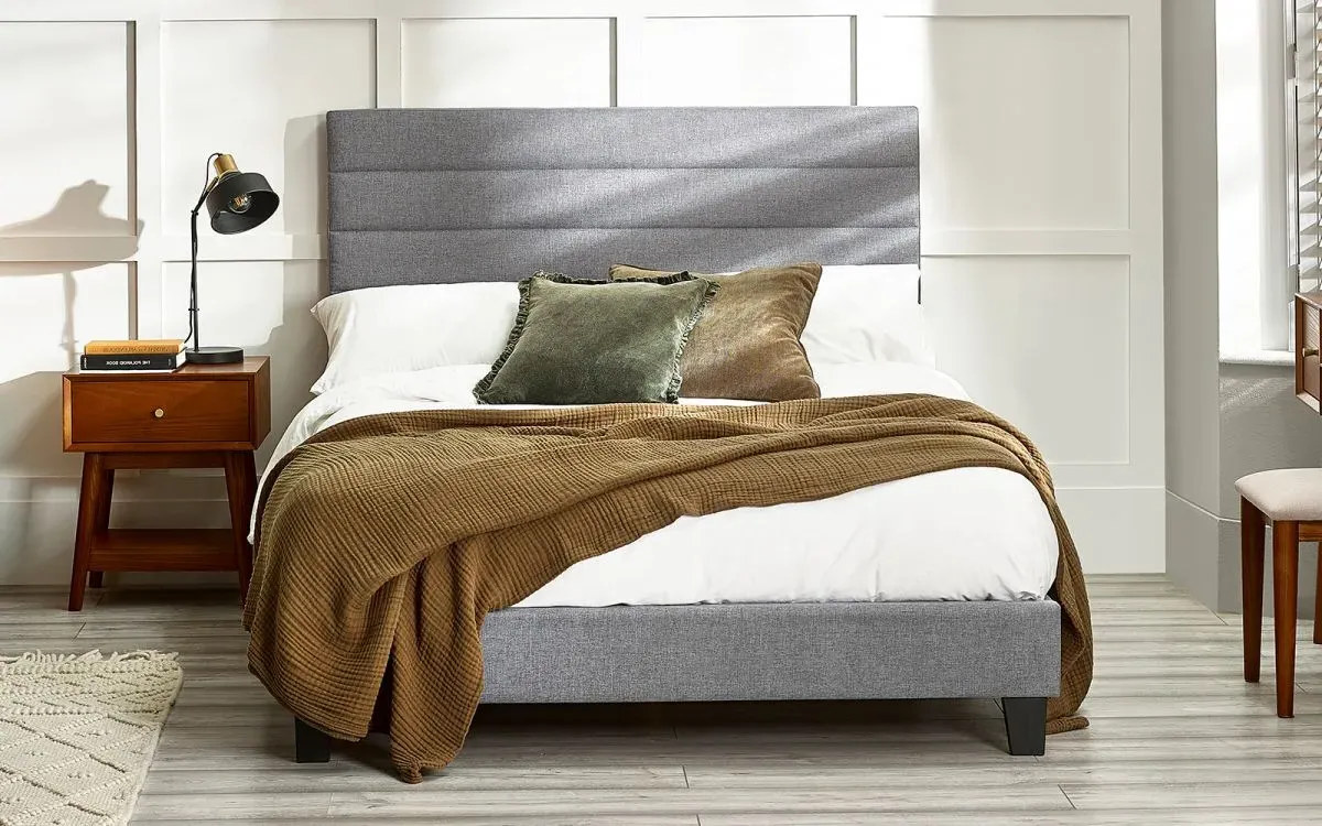 King Size Bed Frame with Tufted Headboard - Grey, Linen