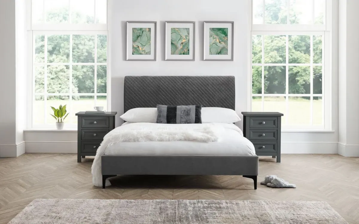 King Size Bed with Diamond Quilting - Grey, Velvet