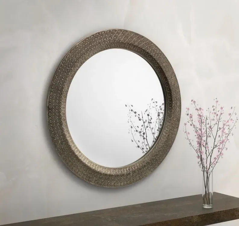 Large Round Wall Mirror - Pewter, Wood