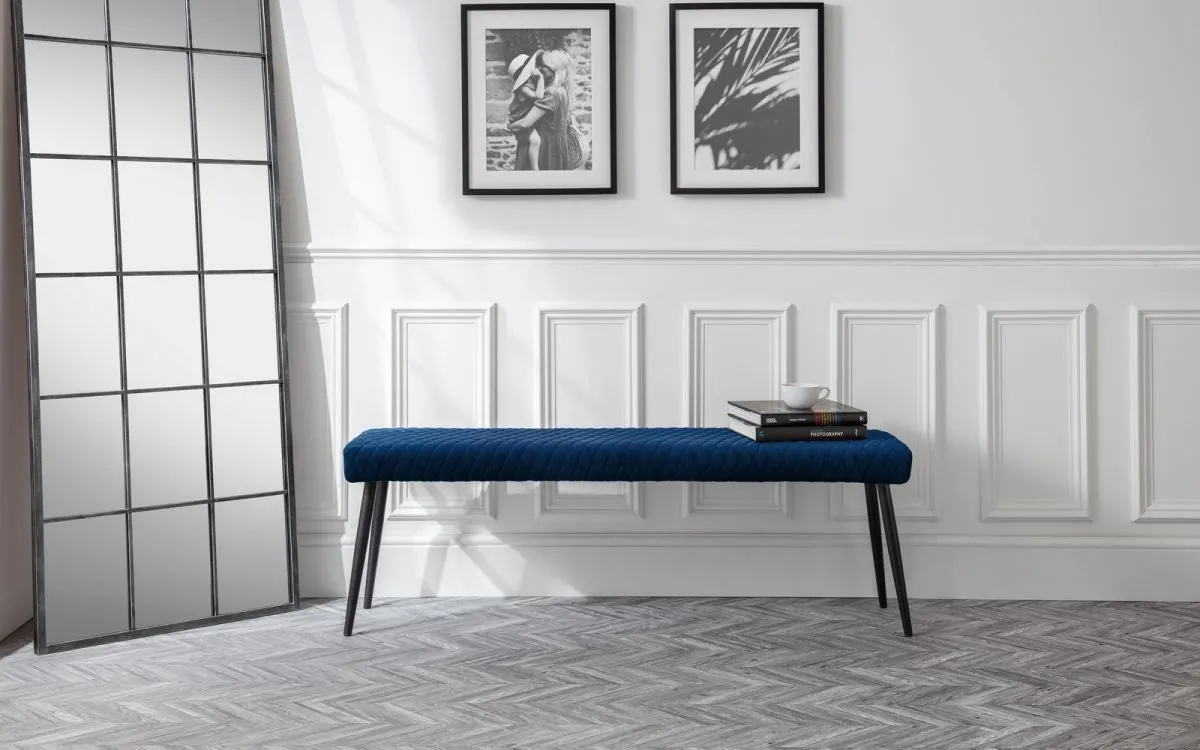 Low Dining Bench with Quilted Detail - Blue, Velvet image