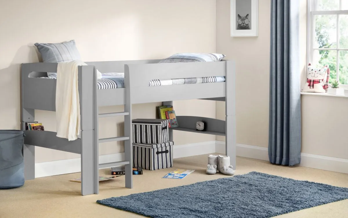 Mid Sleeper Bed with Ladder - Dove Grey, Pine