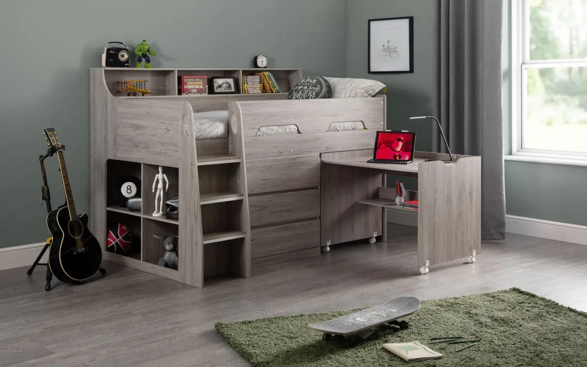 Midsleeper Bed with Desk & Storage - Grey Oak
