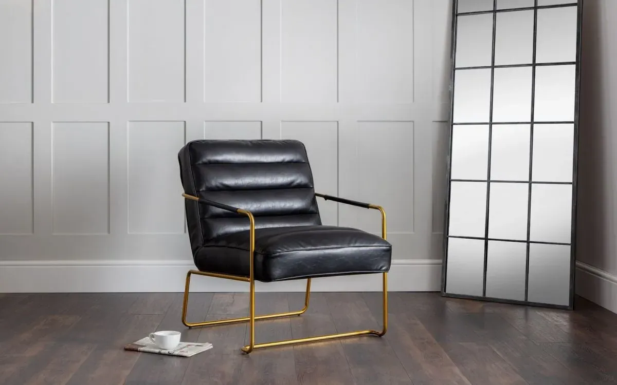 Padded Chair with Gold Hardware - Black, Faux Leather