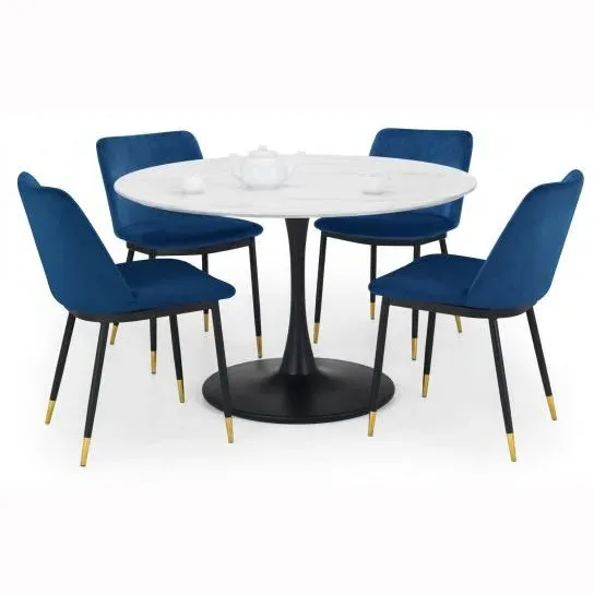 Round Dining Set with 4 Chairs - White, Marble