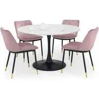 Round Dining Set with 4 Chairs - White, Marble