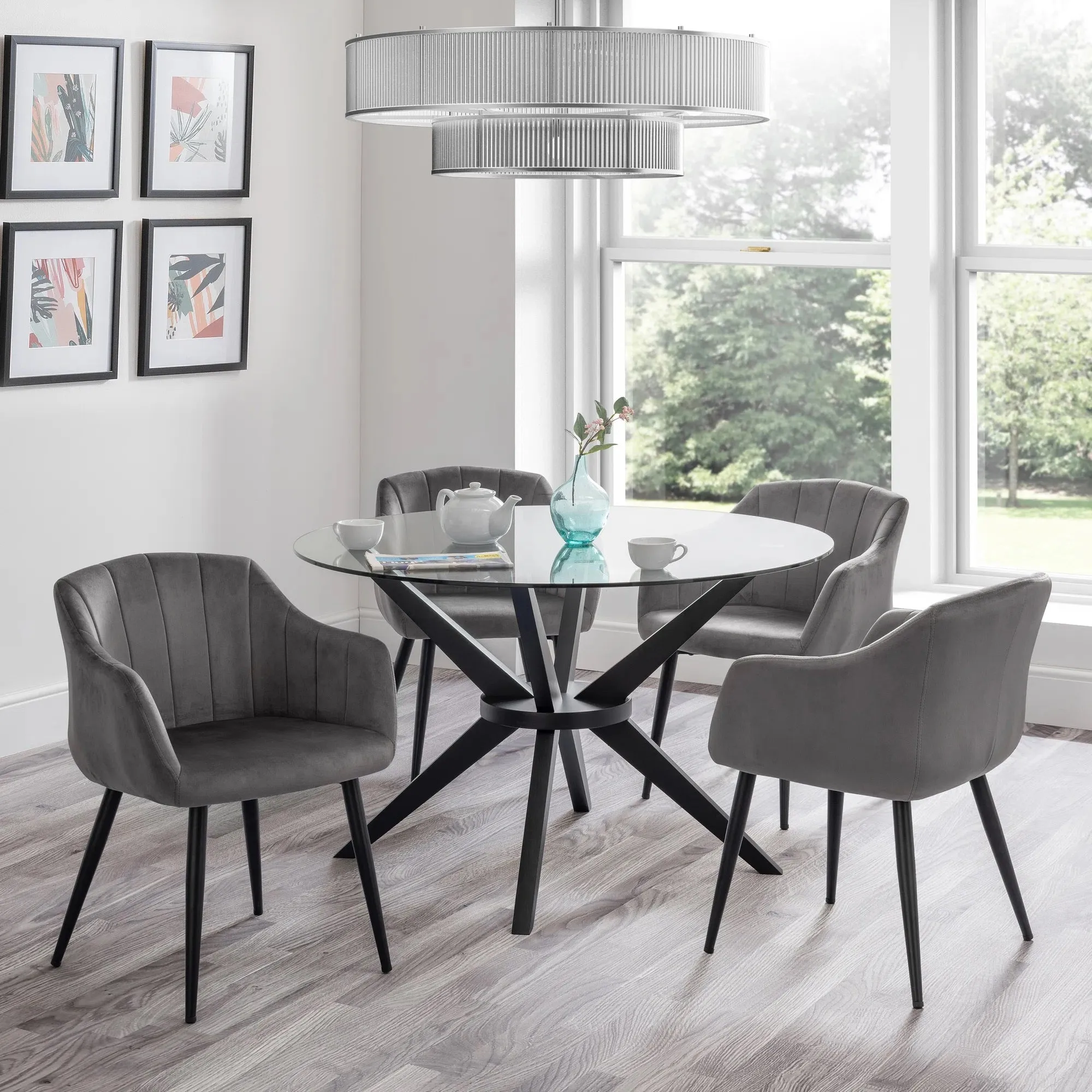 Round Glass Dining Set with Grey Chairs - Clear