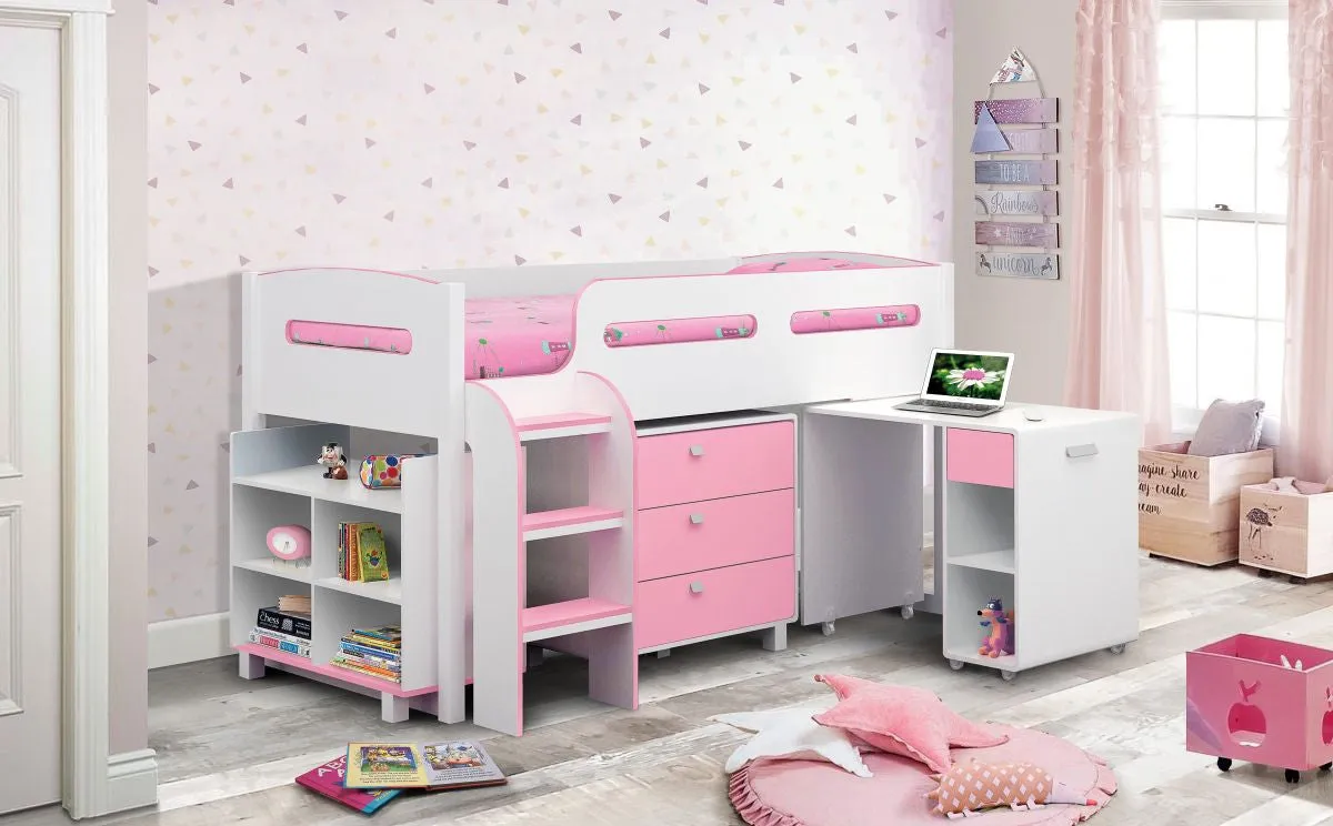 Single Cabin Bed with Desk & Storage - Pink, White image