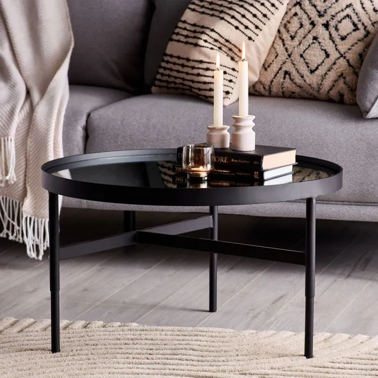 Square Coffee Table with Mirror Top - Black, Metal