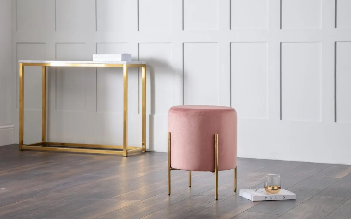 Square Footstool with Gold Legs - Pink, Velvet image