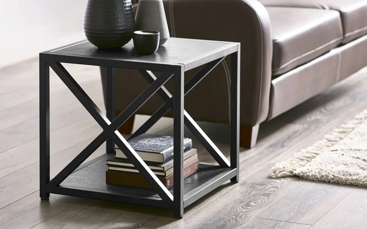 Square Lamp Table with Shelf - Black, Metal image