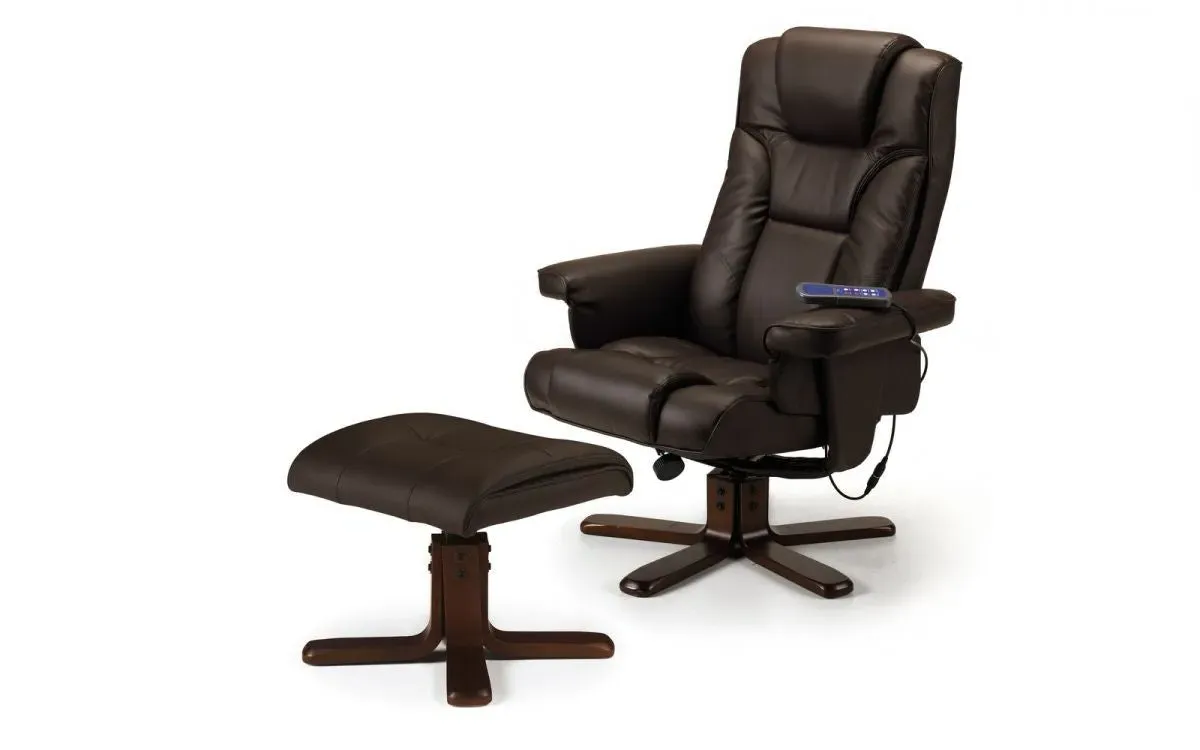 Swivel Massage Chair with Stool - Brown, Faux Leather