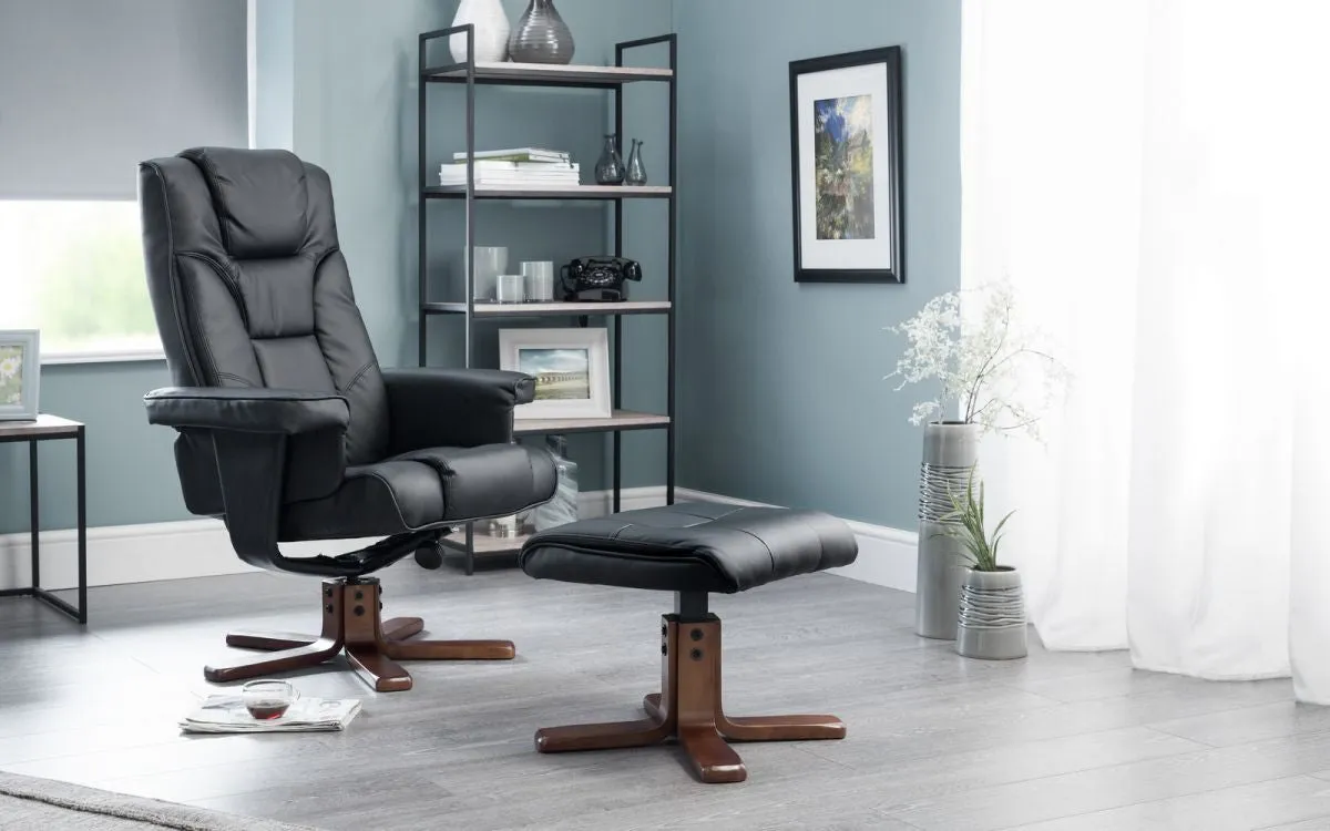 Swivel Recliner Chair with Stool - Black, Leather image