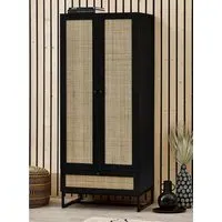 Tall Bookcase with Rattan Fronts - Black