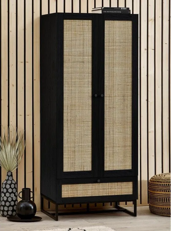 Tall Bookcase with Rattan Fronts - Black image