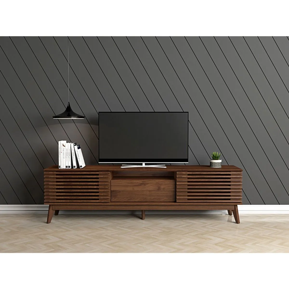 180cm TV Cabinet with Slatted Doors - Walnut