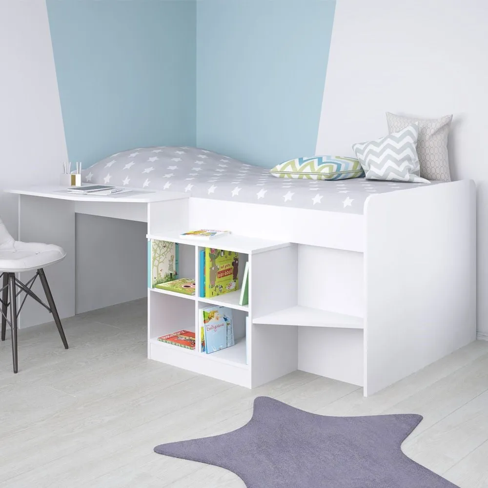 Low Cabin Bed with Desk & Storage - White, MDF