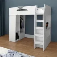 Single High Sleeper Bed with Desk - White, MDF