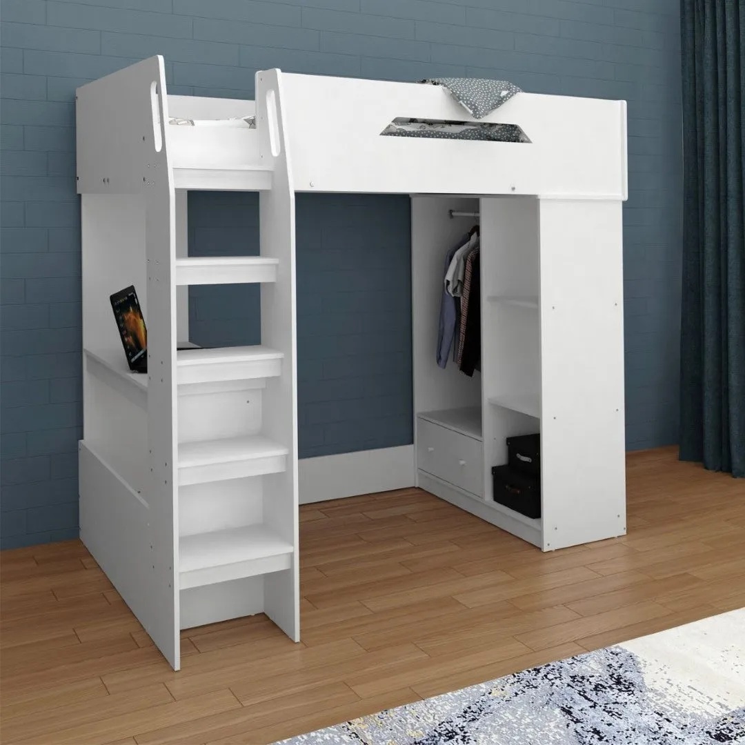 Single High Sleeper Bed with Desk - White, MDF image