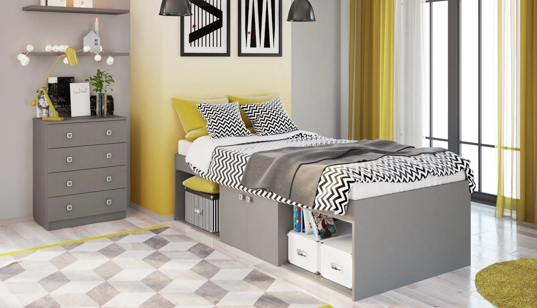 Single Low Cabin Bed with Bookcase - Grey, MDF