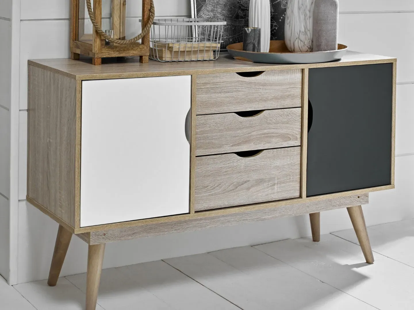 2 Door 3 Drawer Sideboard - Grey, Oak image