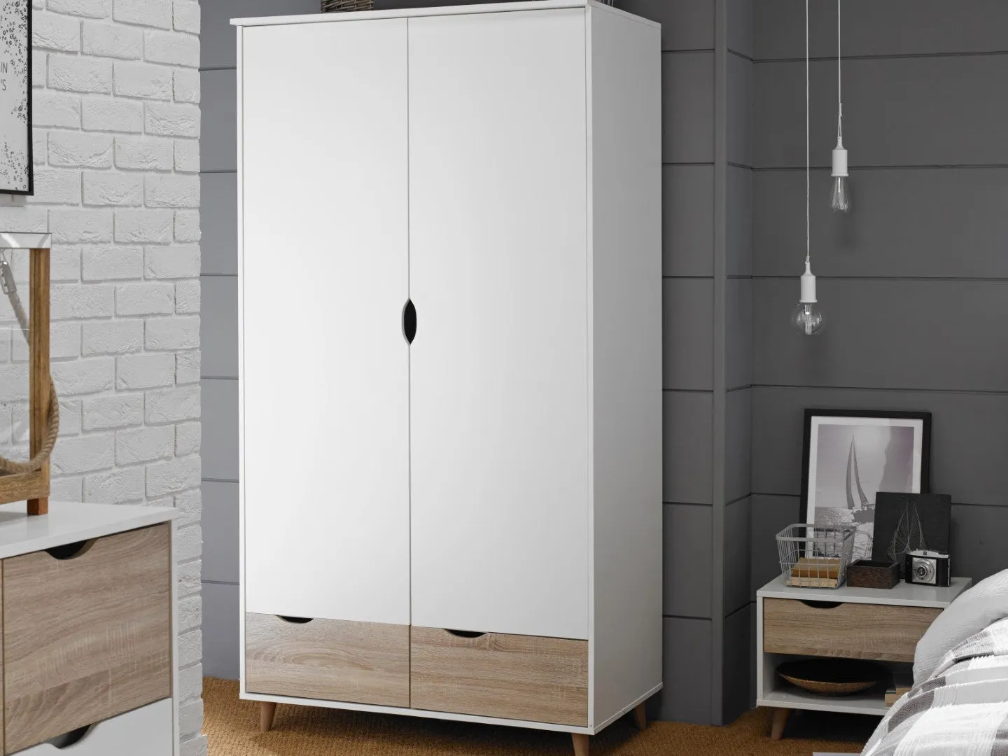 2-Door Wardrobe with Drawers - White, Wood