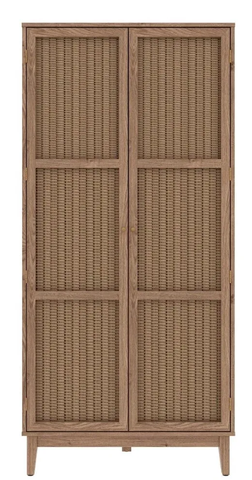 2-Door Wardrobe with Rattan Front - Oak, Wood
