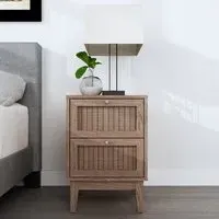 Bedside Table with Rattan Front - Oak, Wood