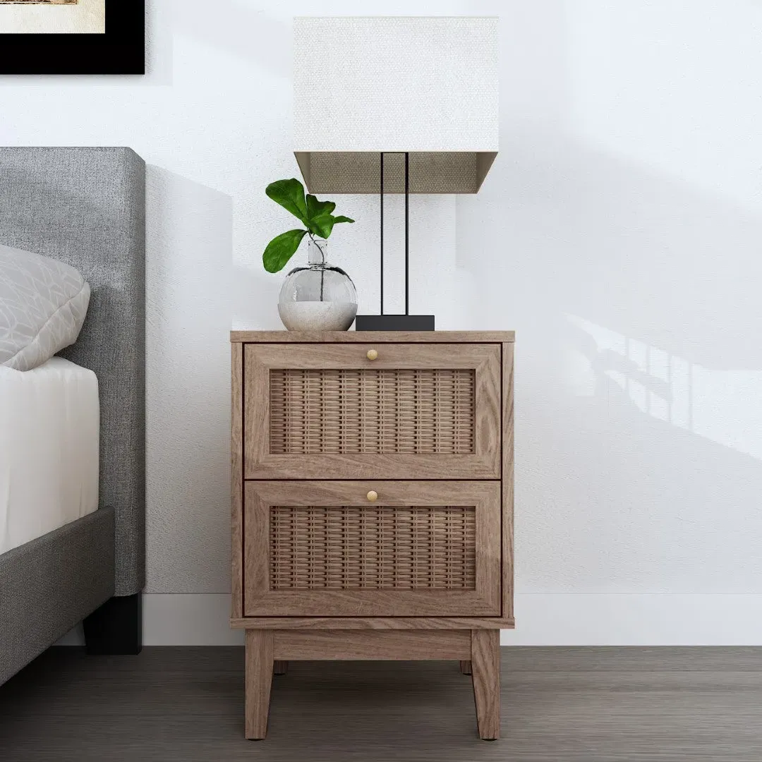Bedside Table with Rattan Front - Oak, Wood