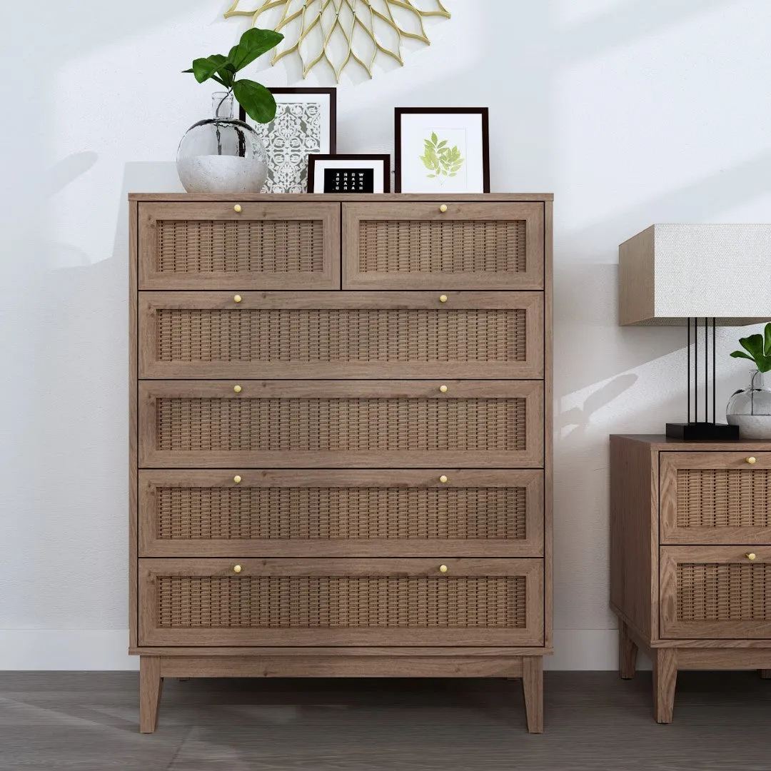 Chest of Drawers with Rattan - Oak, Wood