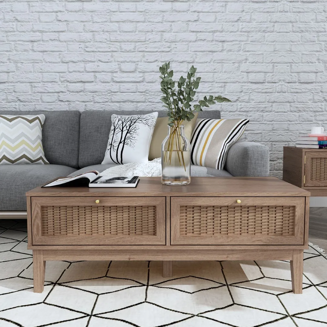 Coffee Table with Rattan Detail - Oak, Wood