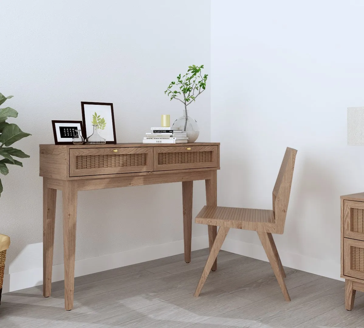 Desk with Rattan Front Panel - Oak, Wood