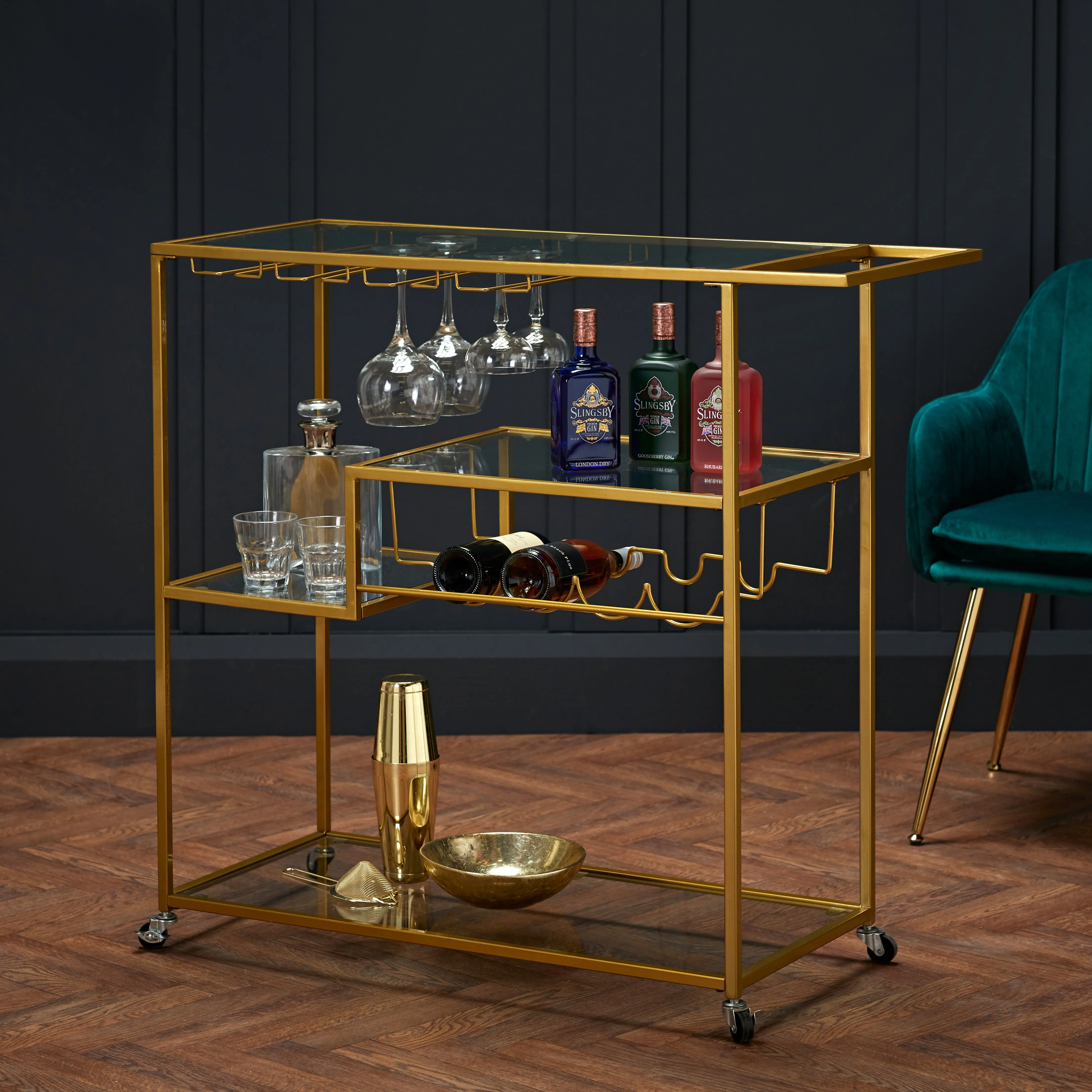 Drinks Trolley with Wheels - Gold, Glass image