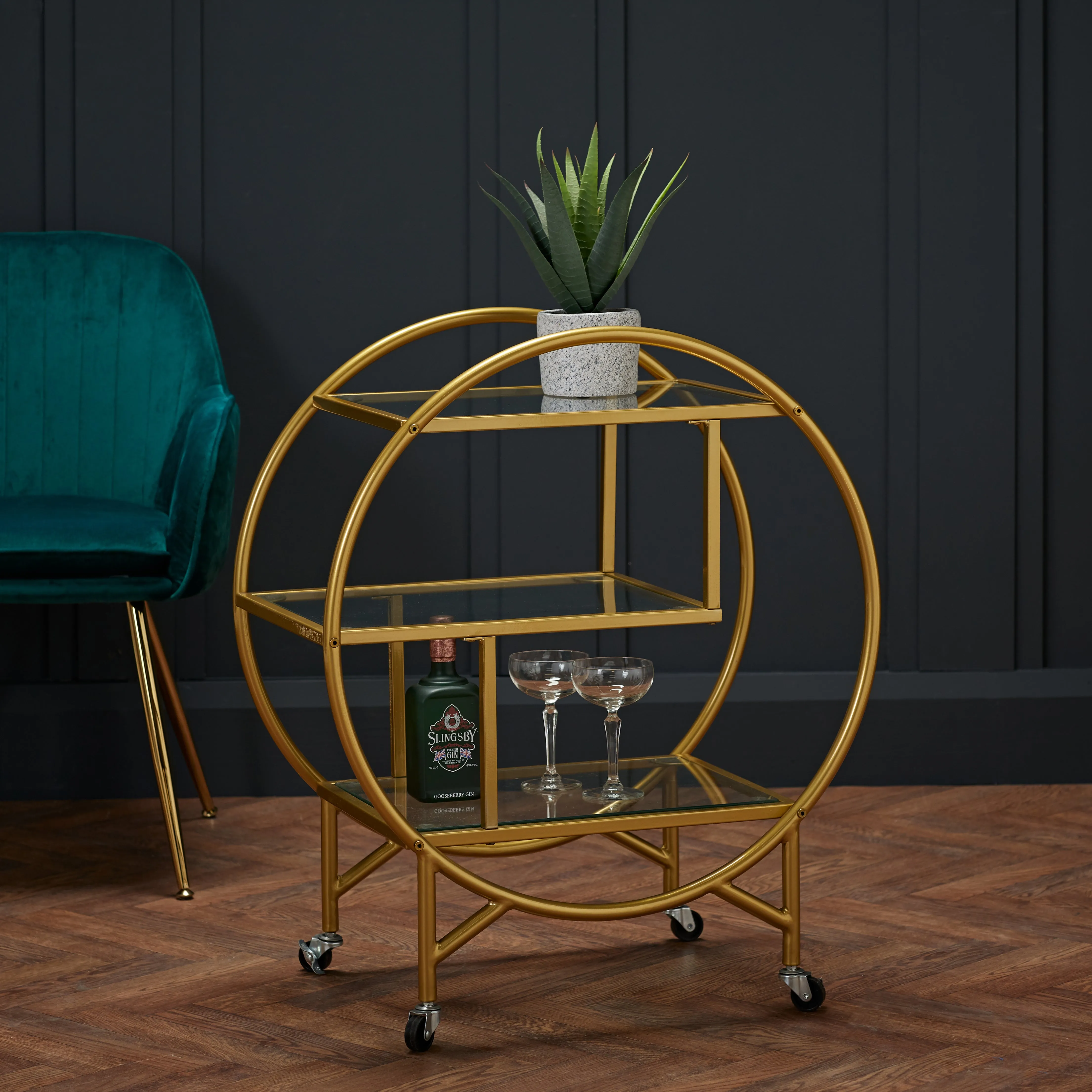 Drinks Trolley with Wheels - Gold, Metal image
