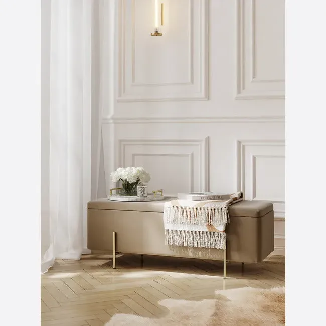 Storage Ottoman with Gold Legs - Beige, Velvet