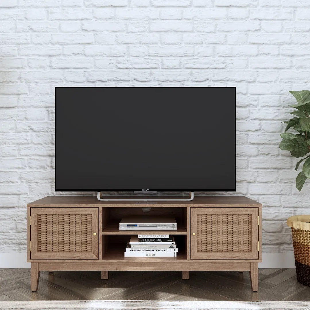 TV Stand with Rattan Doors - Oak, Wood