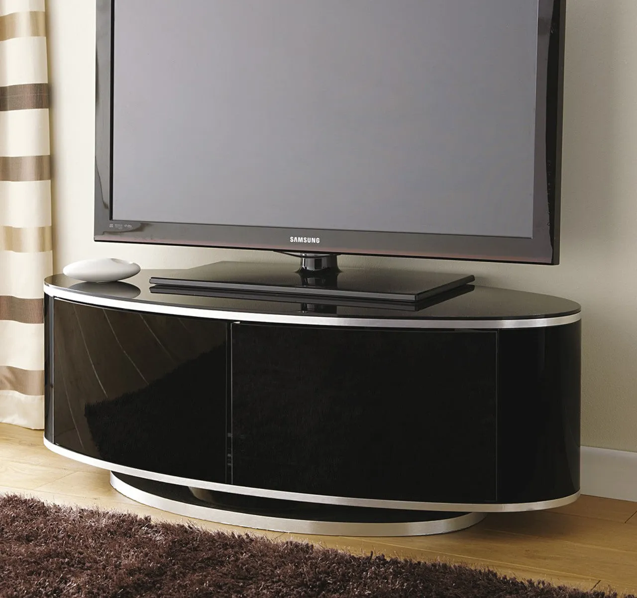 Oval TV Stand with Glass Shelf - Black, High Gloss image