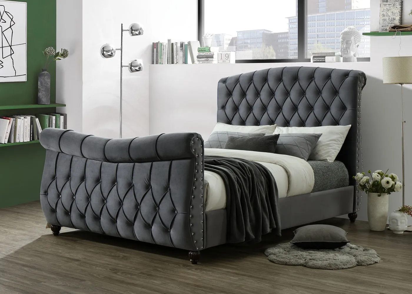 Double Bed Frame with Button Detail - Grey, Velvet image