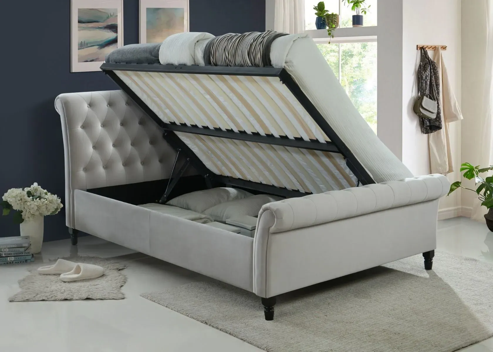 Double Side Lift Ottoman Bed - Light Grey, Velvet