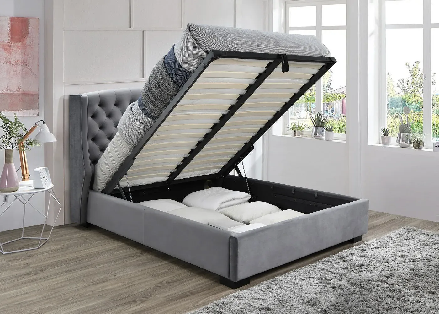 King Size Ottoman Bed with Storage - Grey, Velvet