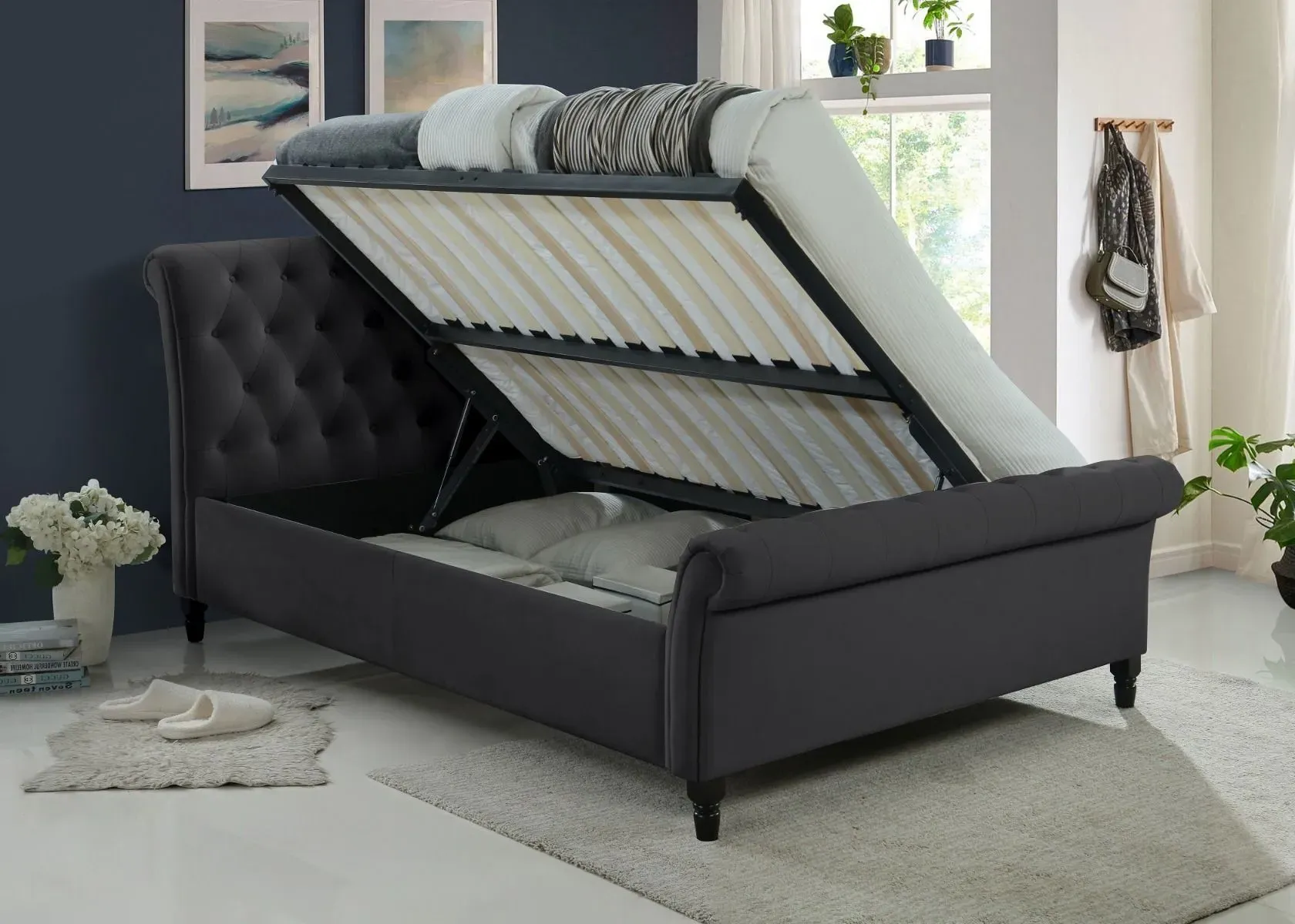 King Size Side Lift Ottoman Bed - Dark Grey, Velvet