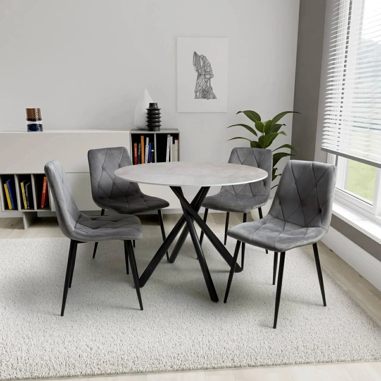 Round Dining Set with 4 Chairs - Grey, Glass