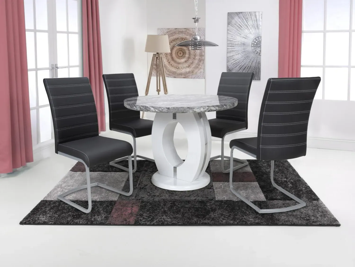 Round Dining Set with 4 Chairs - Grey, Marble image