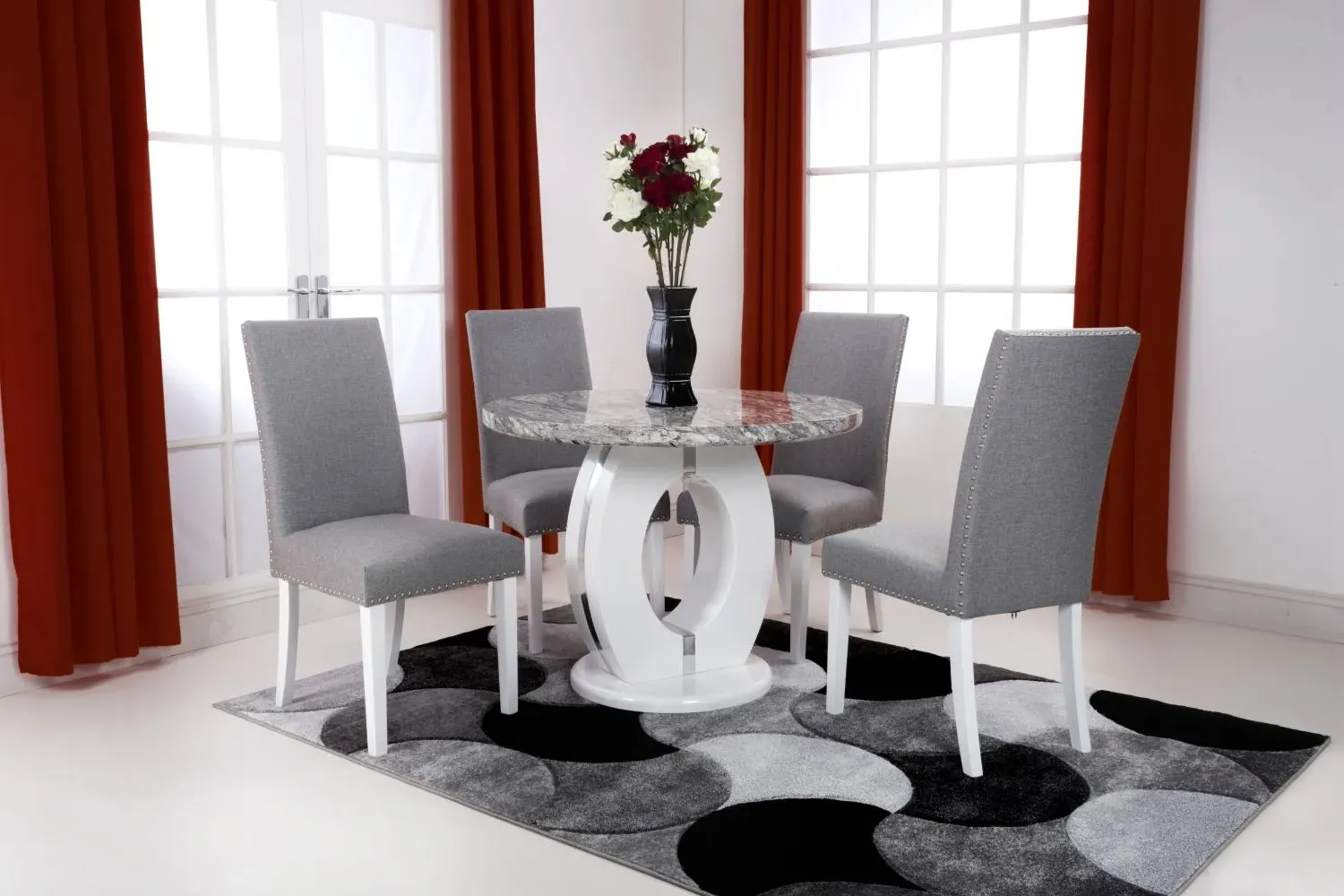 Round Dining Set with 4 Chairs - Marble Effect
