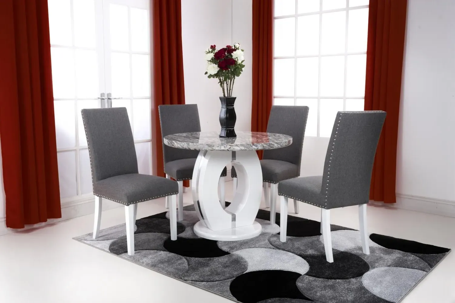 Round Dining Set with 4 Chairs - Marble Effect