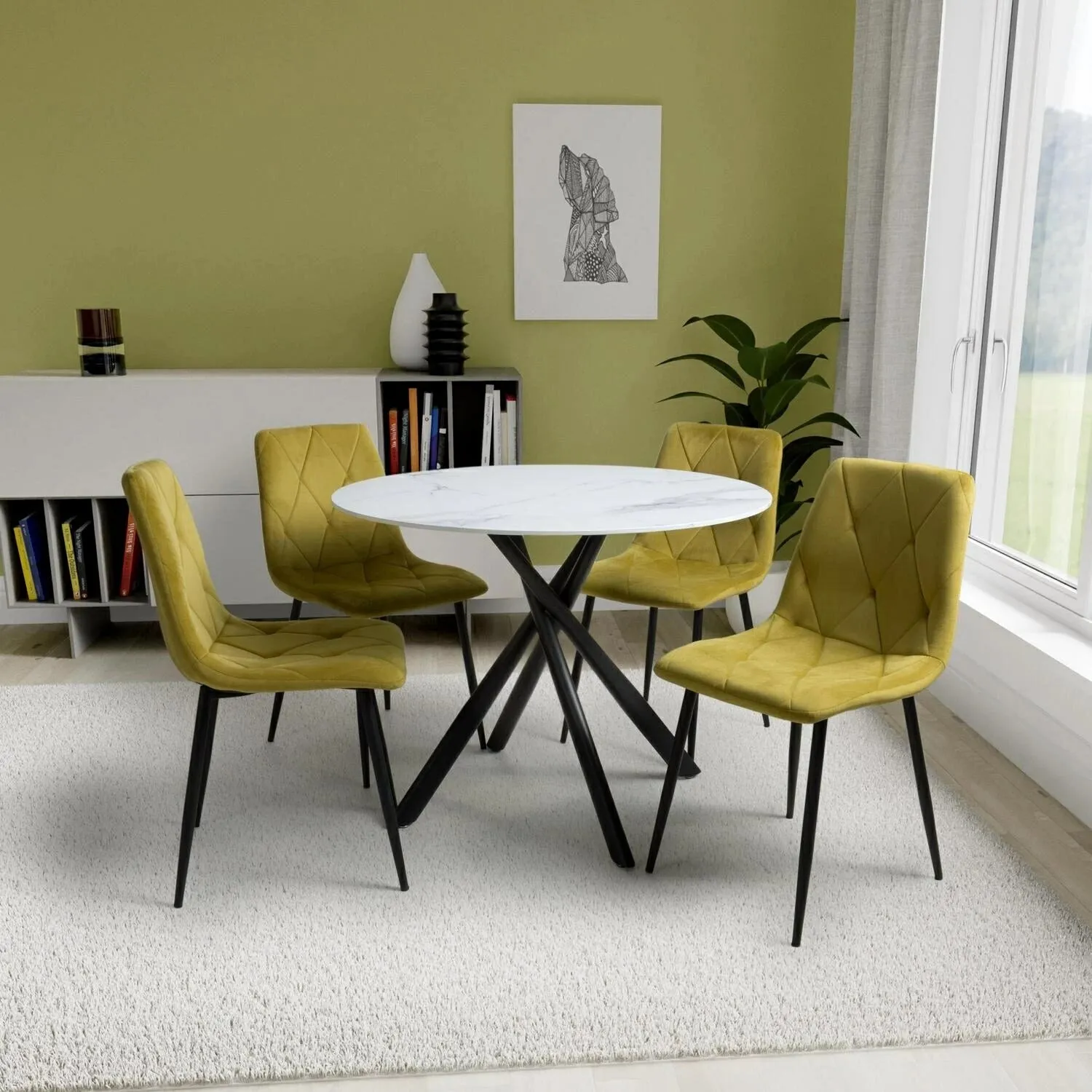 Round Dining Set with 4 Chairs - White, Glass