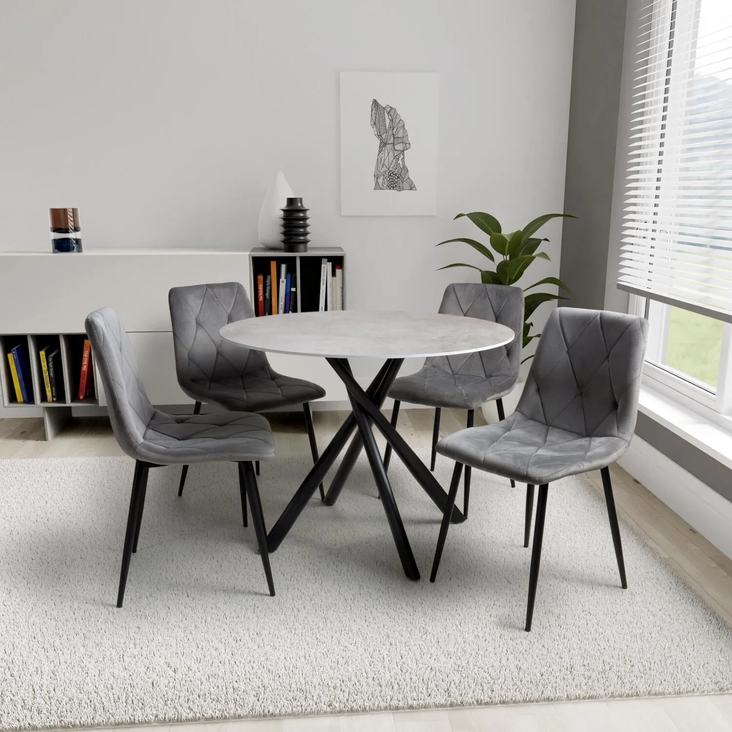 Round Dining Set with 4 Chairs - White, Glass