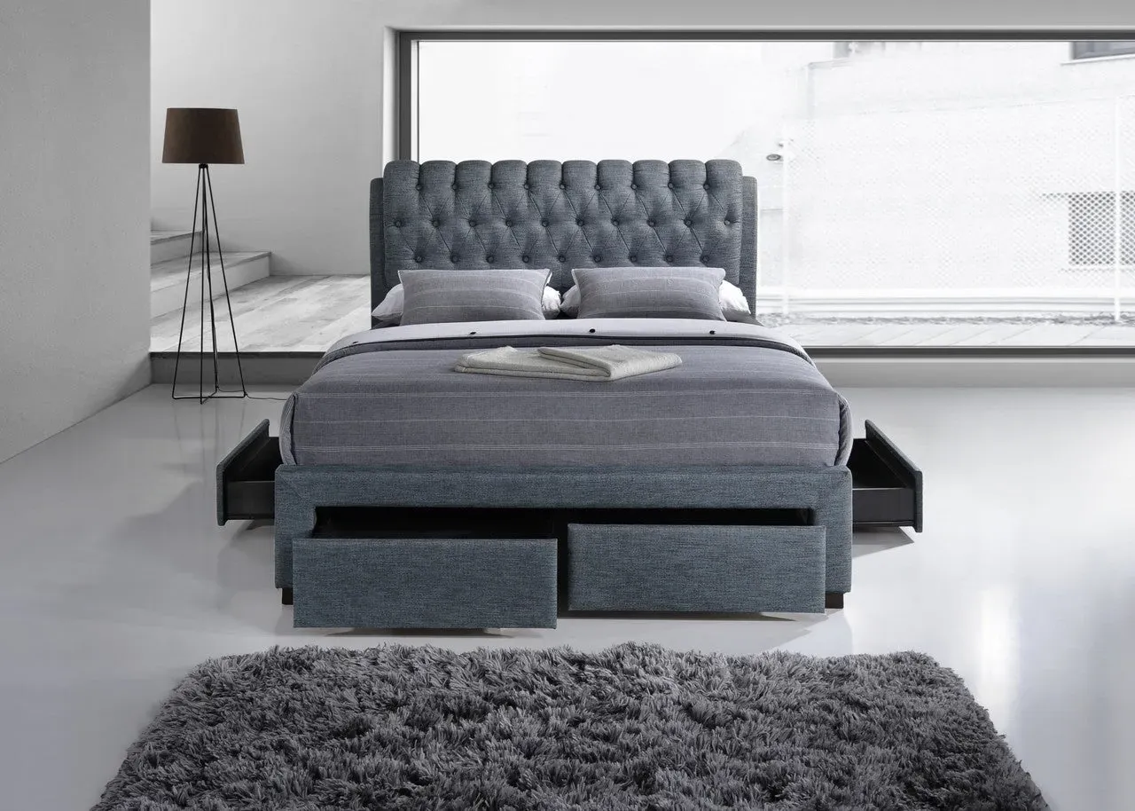 Double Bed with 4 Drawers - Grey, Fabric